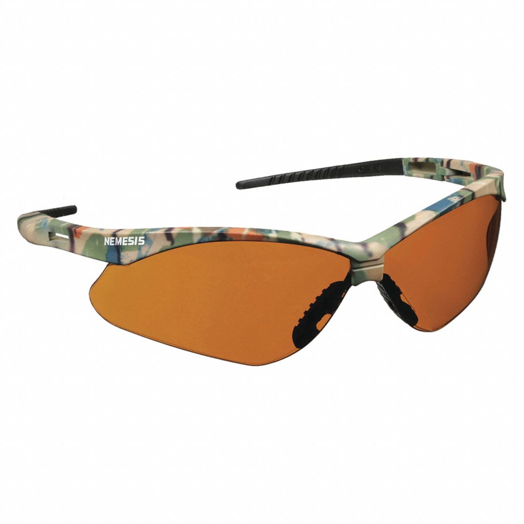 KleenGuard Nemesis camo half frame safety glasses, wraparound, with bronze polycarbonate scratch resistant lenses.